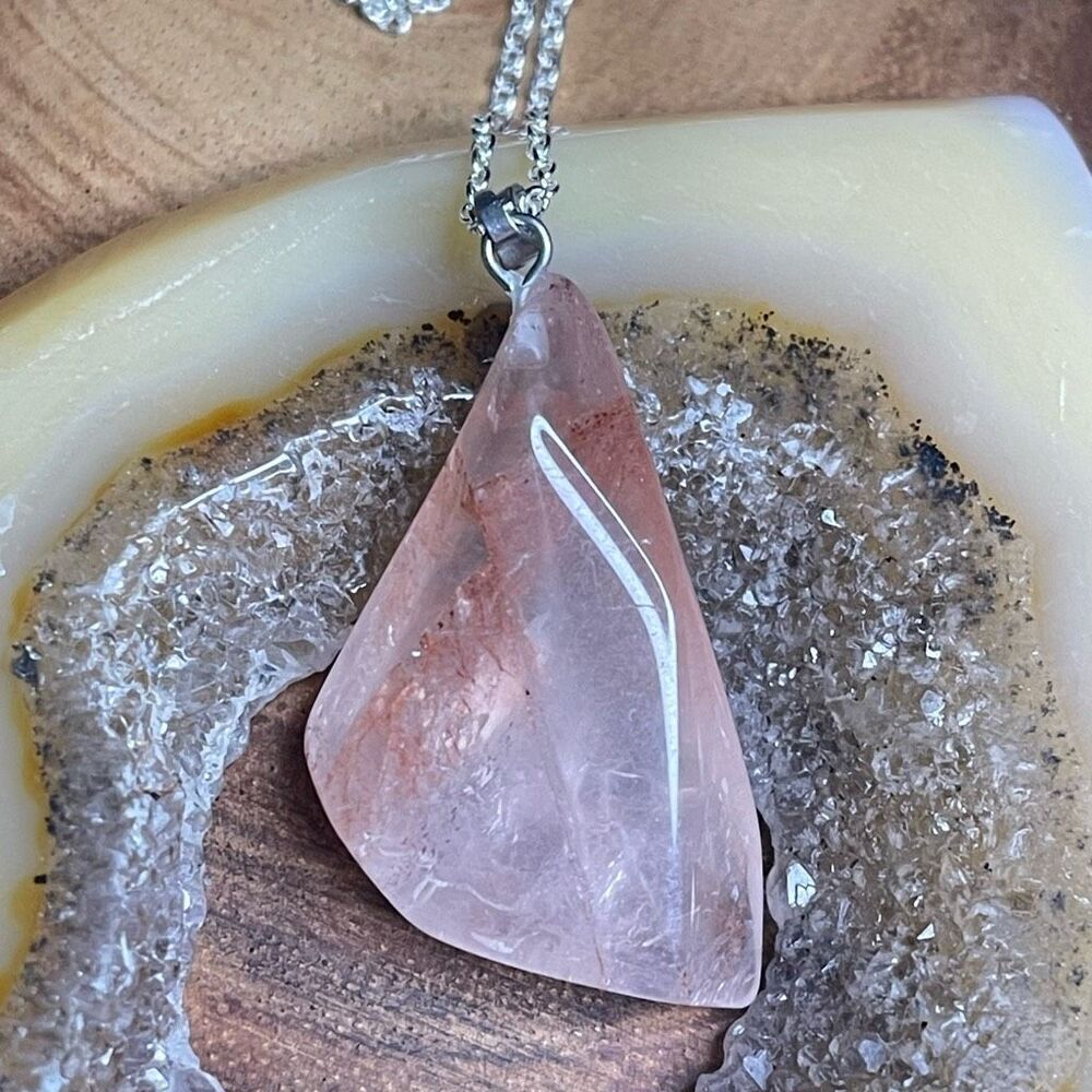 Fire quartz Freeform pink 2” pendant silver plated stainless steel silver plated